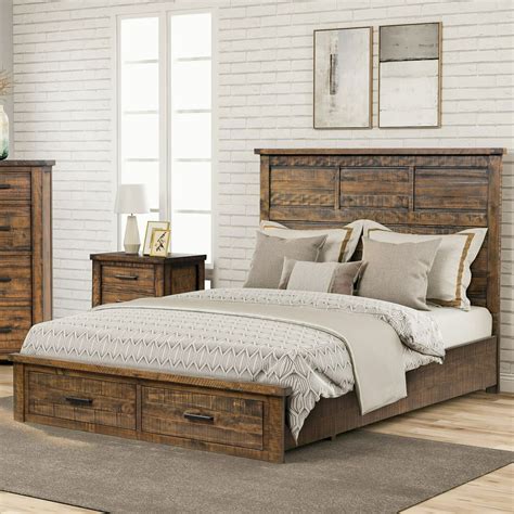 Rustic Reclaimed Pine Wood Queen Size Bed Frame With 2 Storage And High