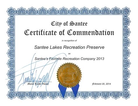 Certificate Of Commendation From The City Of Santee Certificate