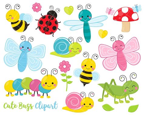 Cute Crawling Bugs Clipart Cute Insects Grasshopper Snail Etsy