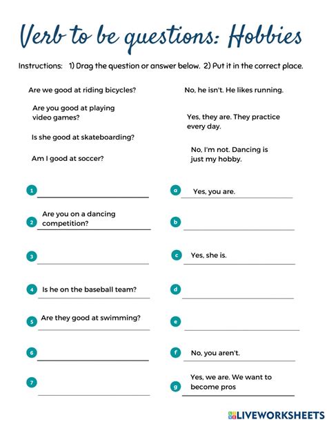 Verb To Be Questions Hobbies Worksheet