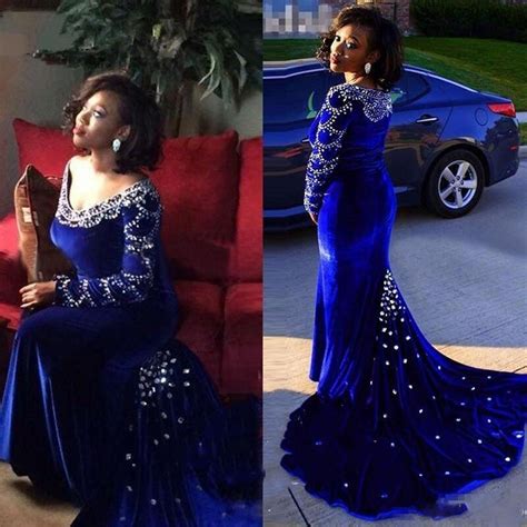 Crystal Velvet Prom Dresses 2017 Royal Blue Beading Plus Size Scoop Neck Long Sleeve Evening