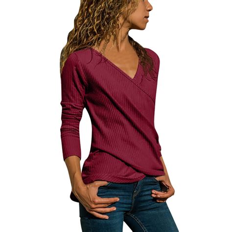 Business Work Wear Blouse Women Casual Long Sleeve Solid Shirt Tops V
