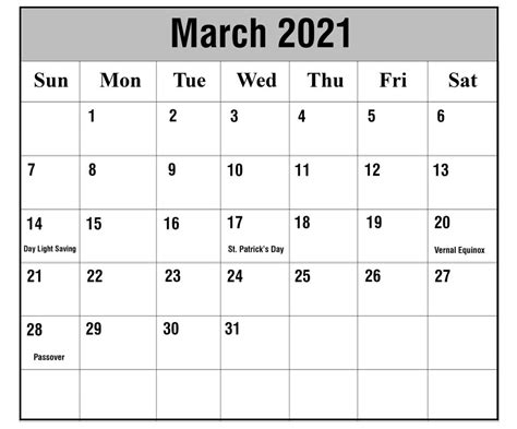 March 2021 Calendar Pdf Excel Word Templates