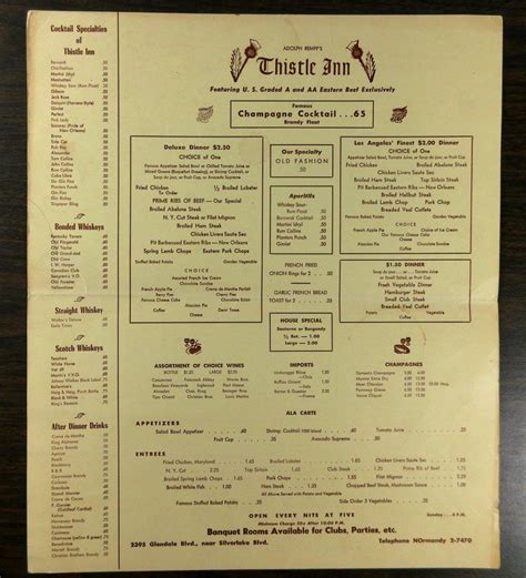 1940s Original Menu Adolph Rempps Thistle Inn Restaurant Los Angeles
