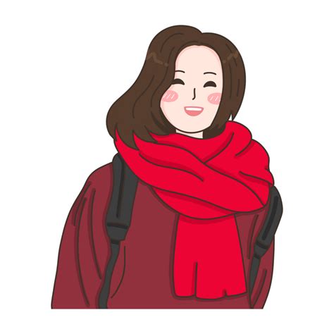 Cartoon Girl With Red Scarf And Backpack Girl Smile Wear Red Shawl