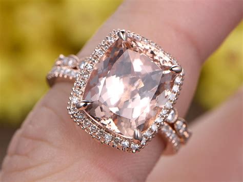 44ct Natural Pink Morganite Wedding Ring Set14k Rose