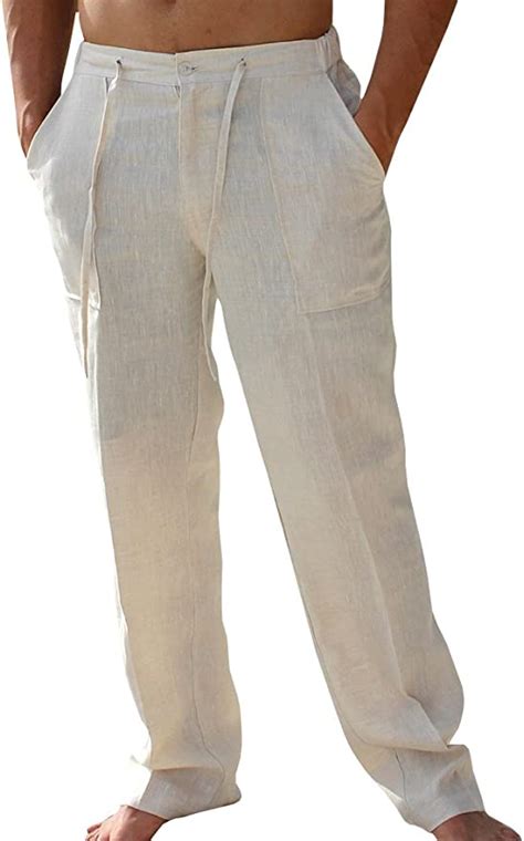 Shelers Mens Drawstring Casual Beach Trousers Linen Summer Pants