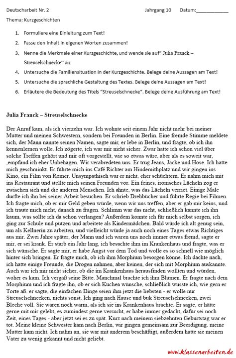 Kurzgeschichten Deutsch 10 Klasse Klassenarbeit Mit Musterlösung