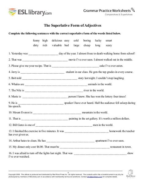 comparatives superlatives worksheet with answers superlative adjectives adjectives science