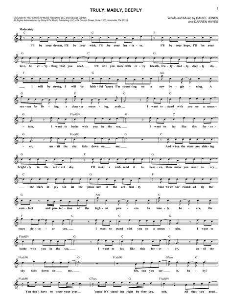 Savage Garden Truly Madly Deeply Sheet Music Notes Download Printable Pdf Score