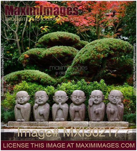 Photo Of Six Cute Little Monks Buddha Stone Statues In Japanese Garden