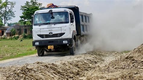 Tata 14 Wheeler Flyash Loaded Truck Is Driving On Rough Roads Tata
