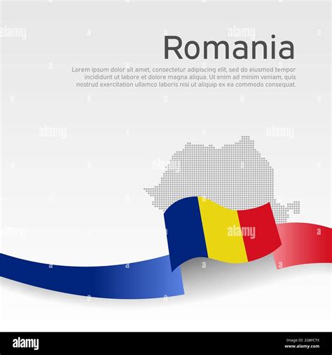 Romania Flag Mosaic Map On White Background Wavy Ribbon With The