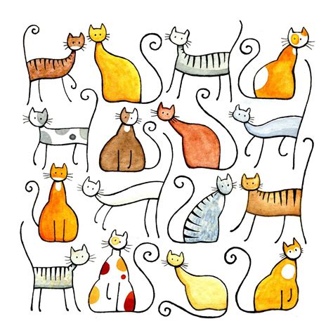 Assorted Cats Cat Art Print Doodle Drawings Easy Drawings