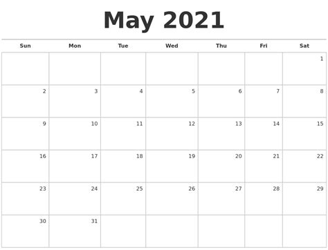 May 2021 Blank Monthly Calendar