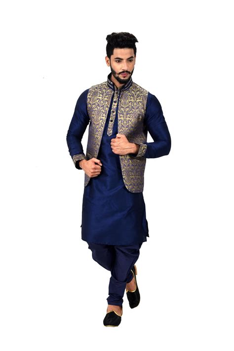 indian traditional silk navy blue sherwani kurta set with jacket 52 blue buy