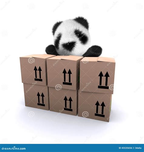 3d Baby Panda Bear Behind Cardboard Boxes Stock Illustration