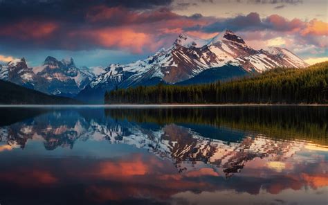 Download Wallpapers Mountain Lake Sunset Evening Red Clouds Forest