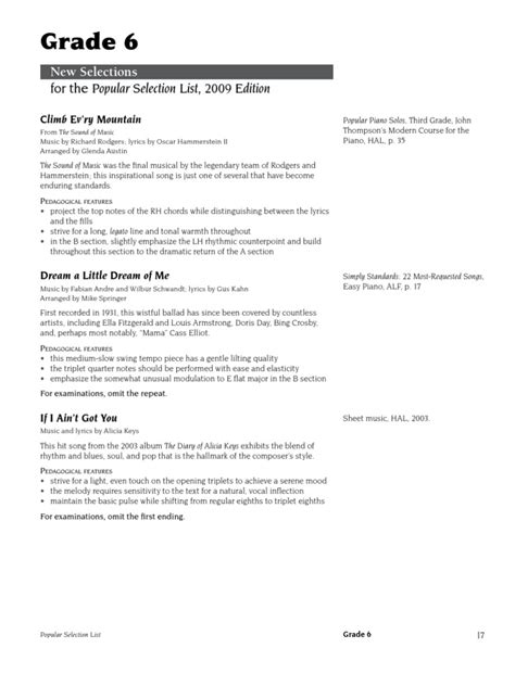 RCM Examinations Popular Selection List | Performing Arts | Musical