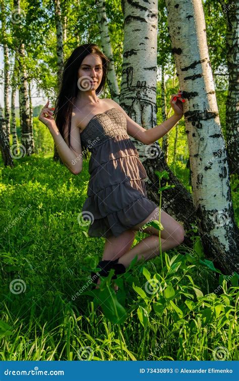 Brunette Stands Near The Birch In Forest Stock Image Image Of