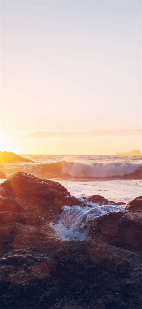 Nf16 Sea Ocean Nature Sunset Rock Wave Wallpaper