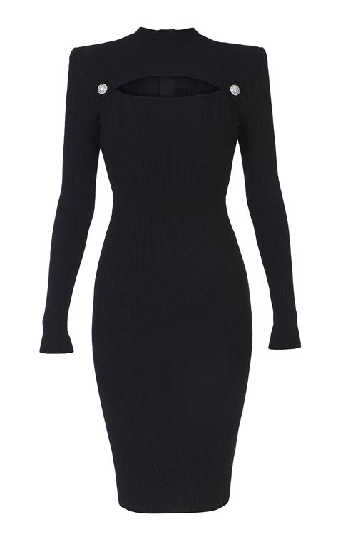 Long Sleeve Cutout Knit Mock Neck Midi Dress by BALMAIN for Preorder on ...
