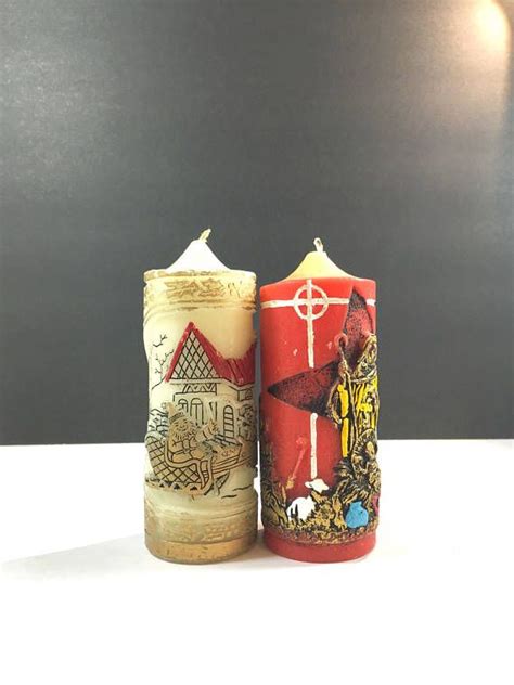 Vintage 1970s Christmas Candles Pillar Red Nativity Scene Pillar