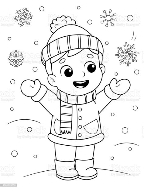 Coloring Page Of A Cute Cartoon Kid In Winter Clothes