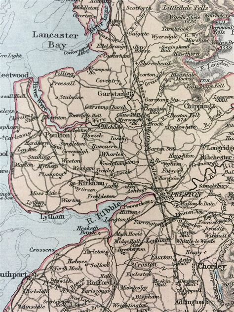 1875 Lancashire Original Antique Map Uk County Cartography Geography Wall Decor