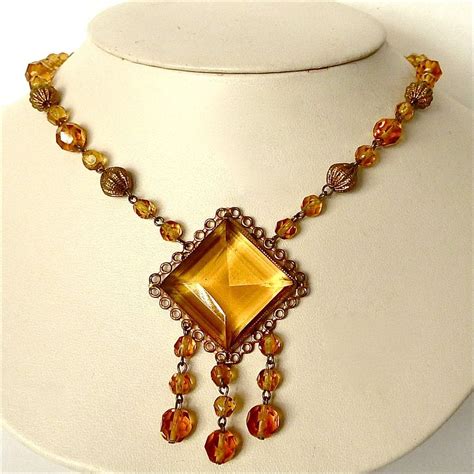 Czech Art Deco Amber Cut Glass Jewel Drop Necklace From Bejewelled On