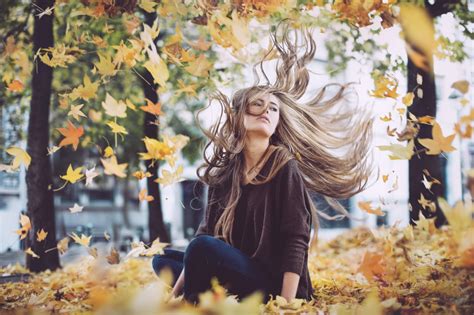 Wallpaper X Px Brunette Fall Leaves Long Hair Windy