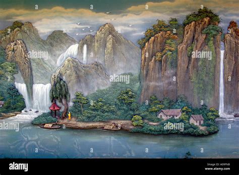 Chinese Oriental Temple Painting Willow Pattern Mountains Lake And