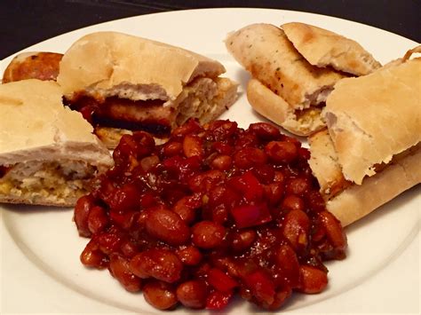 Grilled Chicken Bratwurst And Spicy Cowboy Beans With Fire Roasted Hatch