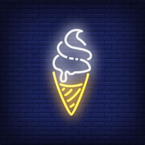 Free Vector Ice Cream Neon Sign Dessert In Waffle Cone On Brick Wall Background