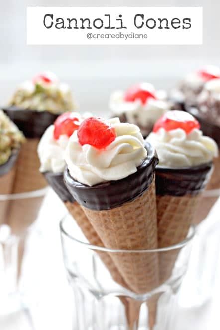 Traditional ricotta filling is stuffed into sugar cones! Cannoli Cones | Created by Diane