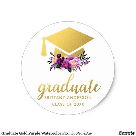 Graduate Gold Purple Watercolor Floral Classic Round Sticker Zazzle