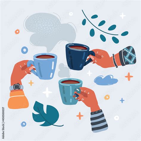 Vector Illustration Of Friends Group Drinking Coffee Or Tea At Bar