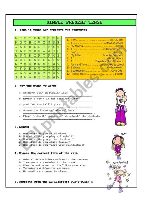 Learn present simple tense form and usage including positive, negative and short forms as well as questions. SIMPLE PRESENT TENSE - ESL worksheet by antoarg
