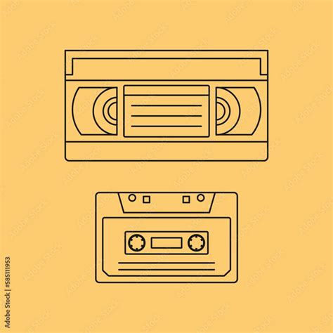 vhs cassette and audio cassette line icons with yellow background retro tech 90s 80s nostalgia
