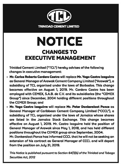 Notice Change To Executive Management Gms Cccl And Accl Tcl Group