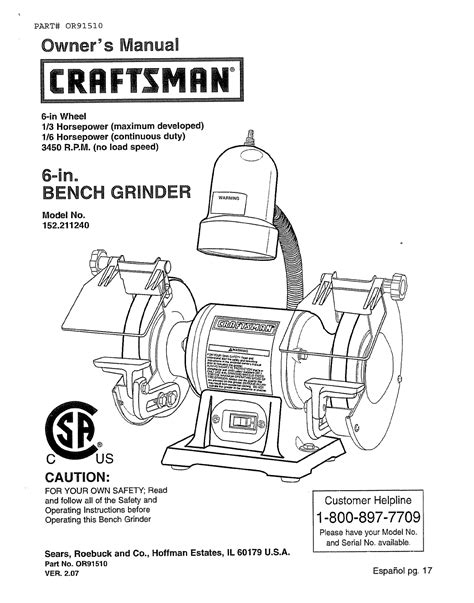 Craftsman 152211240 User Manual BENCH GRINDER Manuals And Guides 1008321L