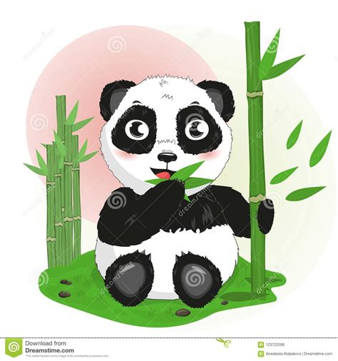 Cartoon Panda Bear Eats Bamboo Stock Vector Illustration Of Fauna