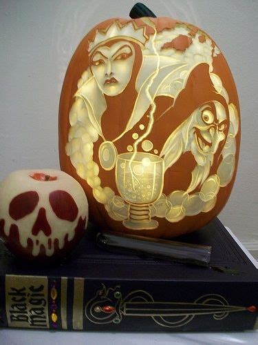 snow white evil queen hag carved pumpkin and base with apple pumpkin carving halloween
