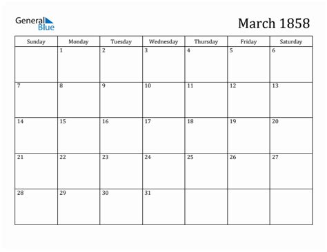 March 1858 Monthly Calendar Pdf Word Excel