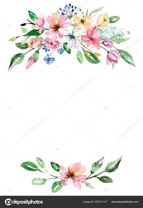 Floral Frame Border Design Watercolor Painting Flowers Leaves Stock