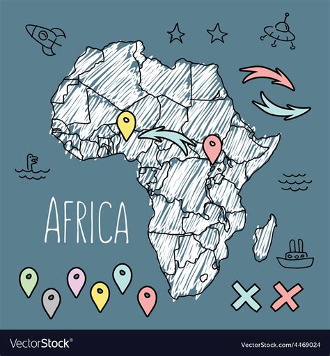 Doodle Africa Map On Blue Chalkboard With Pins And