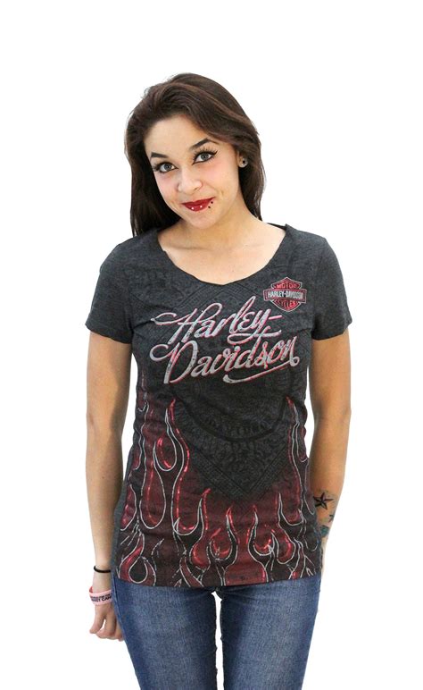 Harley Davidson Womens Ride With Passion Flames With Foil Ink Charcoal