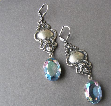 Art Nouveau Silver Earrings Blue Crystal Vintage Long Dangle Jewlery
