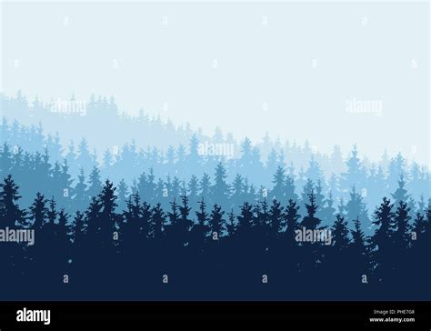 Vector Realistic Illustration Of Coniferous Forest With Blue Trees And