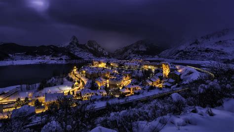 Mountain Town On Winter Night Hd Wallpaper Background Image